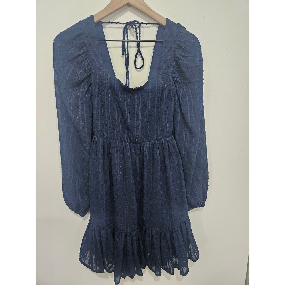 Lulus Navy Blue Swiss Dot Chiffon Mini Dress Open Back Long Sleeve Ruffle M